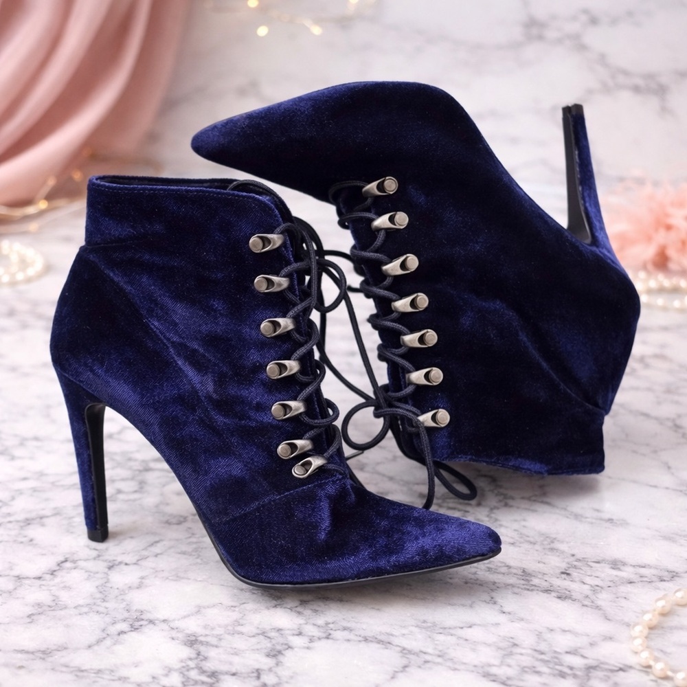 Navy Blue Velvet Lace-Up Ankle Bootie Heels